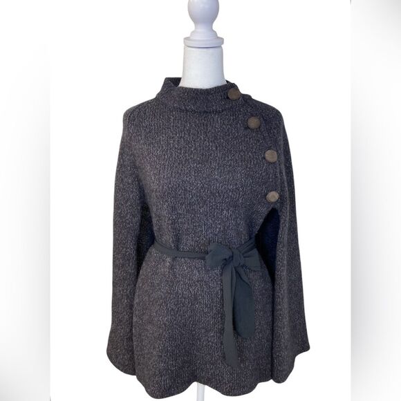 THEORY Gray Wool Cashmere Mohair Belted Cape with Suede Button Detail Size Small - Picture 1 of 11